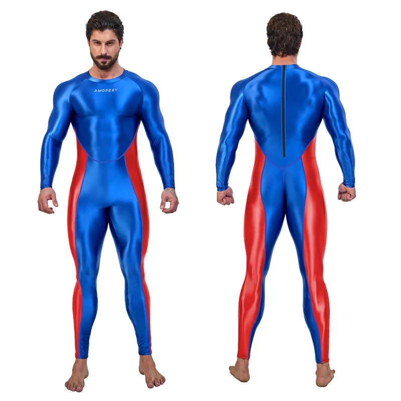 AMORESY-medias deportivas brillantes para hombre, traje Sexy, Catsuit de Cosplay, monos, Bodystocking elástico, traje Zentai, ropa de yoga