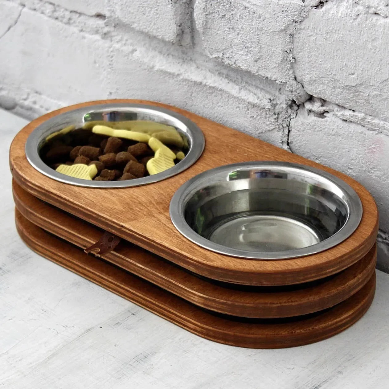 Wooden Cat And Dog Double Bowl Hit Not Overturned Neck Protection Black Chin Kitten Food Bowl Water Bowl Stainless Steel