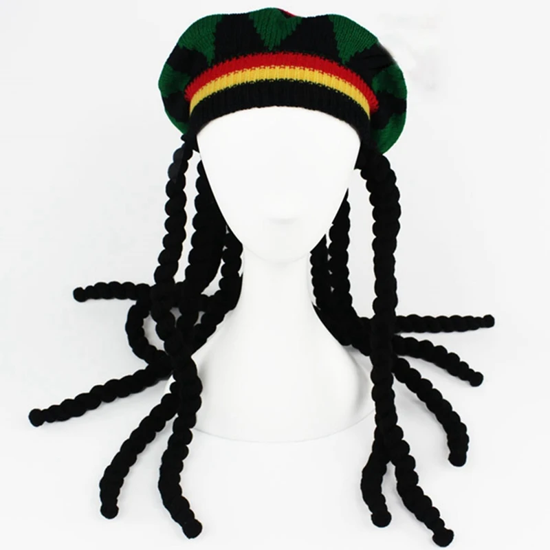 Punk Unisex Knitted Braid Hat Jamaican Bob Rasta Beanie Hats Hip Hop Cap Dreadlocks Wig  Caribbean Fancy Dress Hat