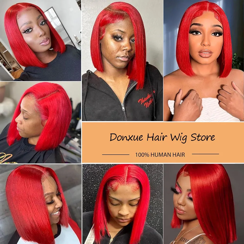 13X4 قصيرة بوب شعر مستعار أحمر اللون العظام مستقيم بوب شعر مستعار شفاف الدانتيل شعر مستعار أمامي 100% باروكة من شعر طبيعي 180 الكثافة للنساء