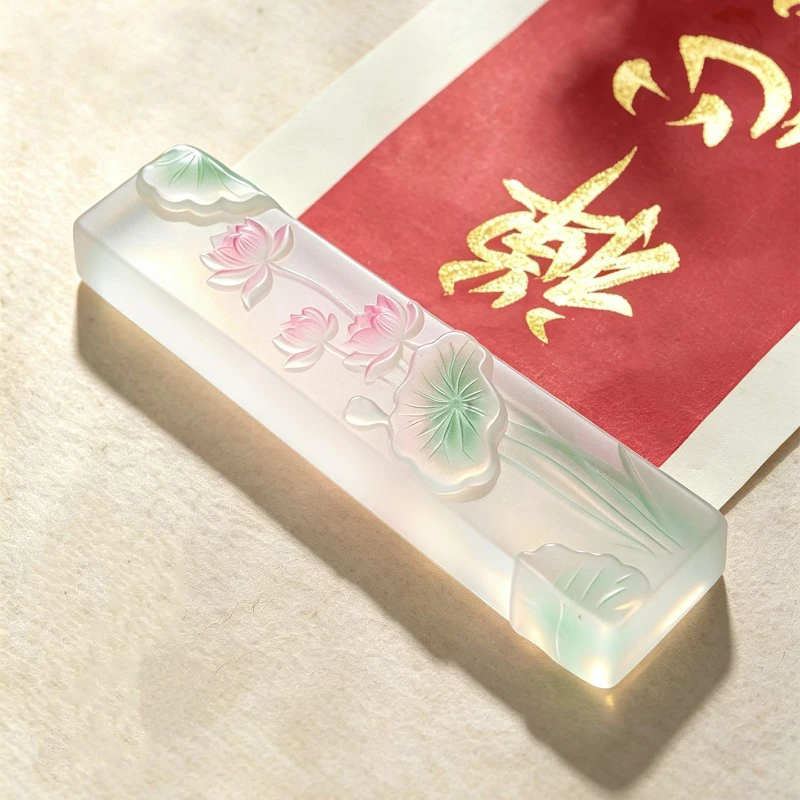 Crystal Pink Lotus 3D Relief Paperweight for Calligraphy Painting Practice Natural Traditional Chinese Paper Weight Desk Gift