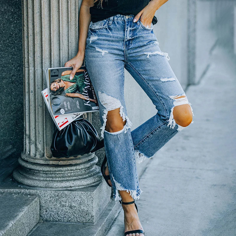 Streetwear Ripped High Waisted Jeans Women 2022 Casual Hollow Out With Pockets Office Ladies Straight Denim Fringes Pants Women