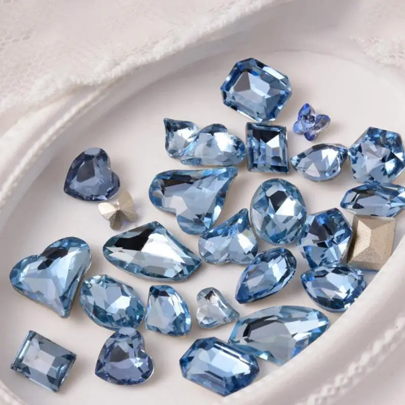 Accesorios para uñas de cristal azul, taladro de cono, accesorios de joyería para arte de uñas, joyería puntiaguda