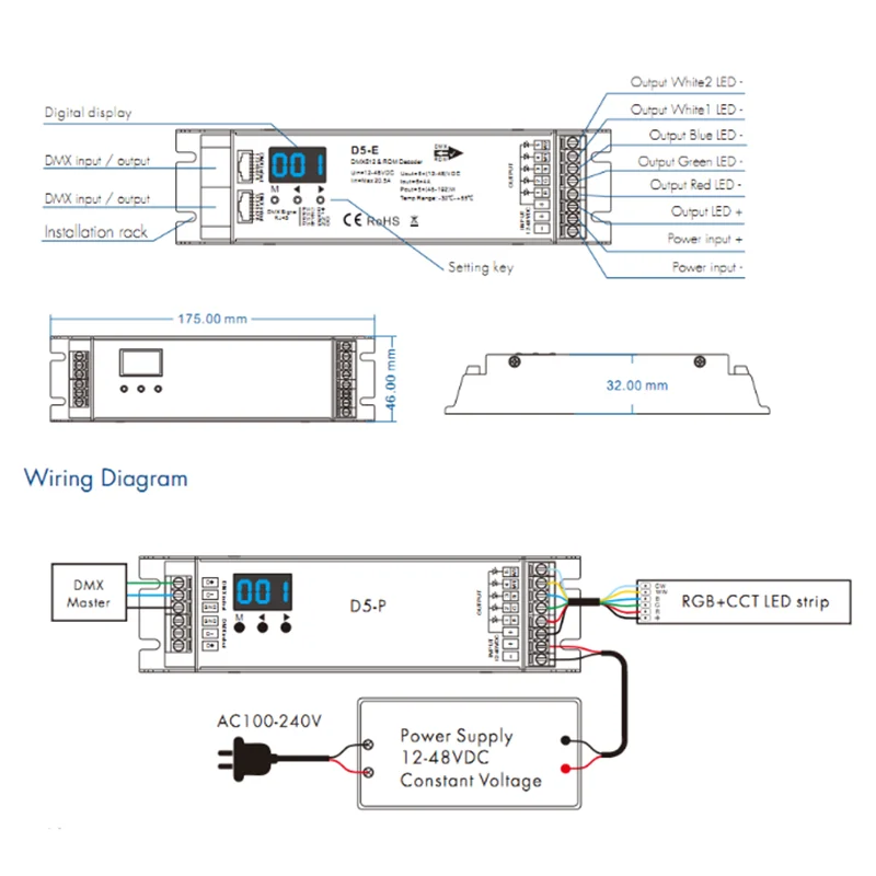 Skydance D4-E D4-P 4 قناة PWM DMX فك D5-E D5-P 5CH DMX512 تحكم شاشة ديجيتال XLR3 RJ45 DC12-36V/48V