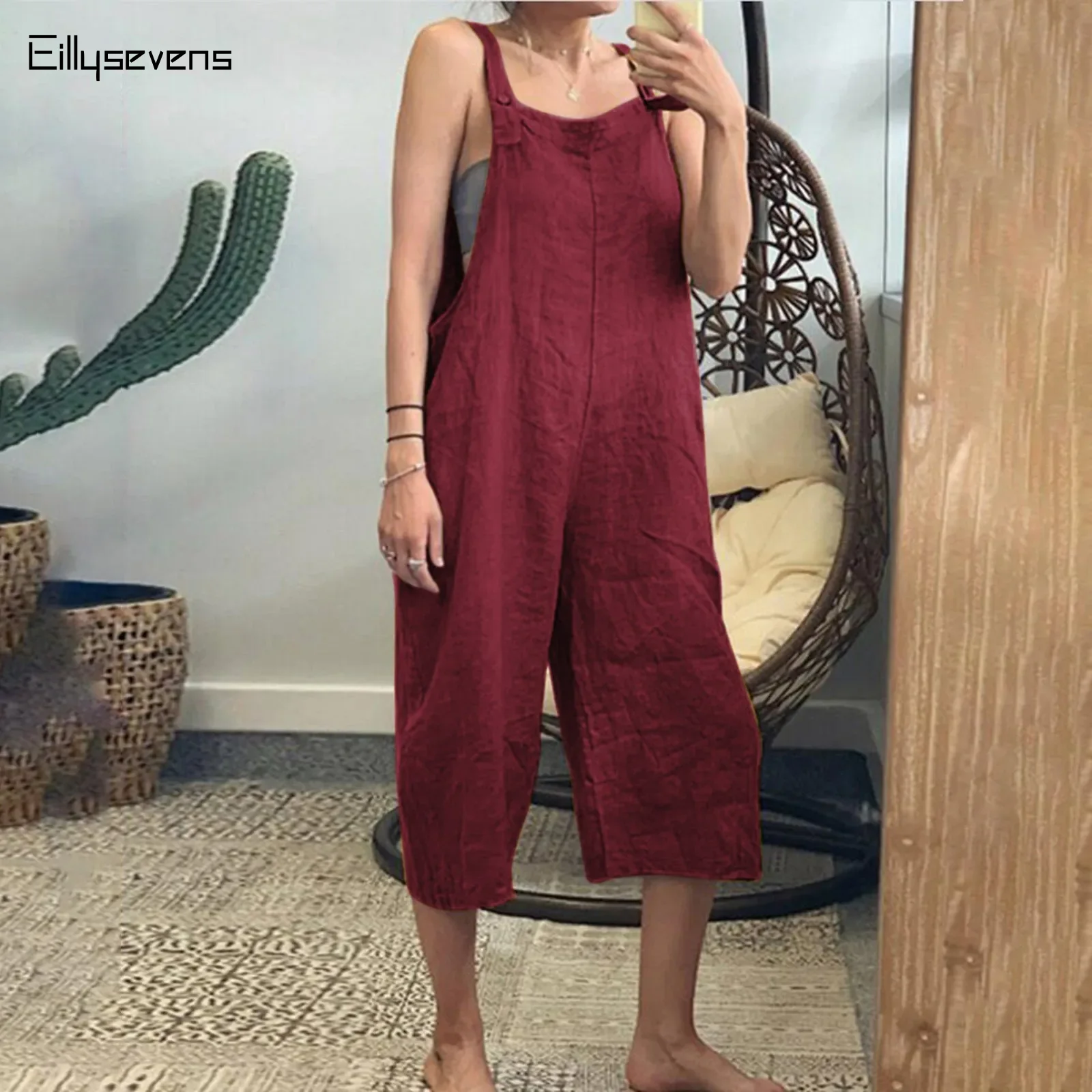 

Solid Color Women Loose Cotton Linen Jumpsuit Sleeveless Harem Overalls Jumpsuits Loose Vintage Pants Femme Clothes