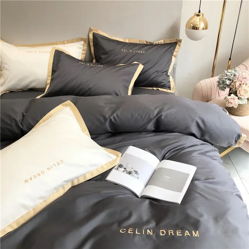 Embroidered European and American style simple color matching bedding 60 cotton bedding four-piece set