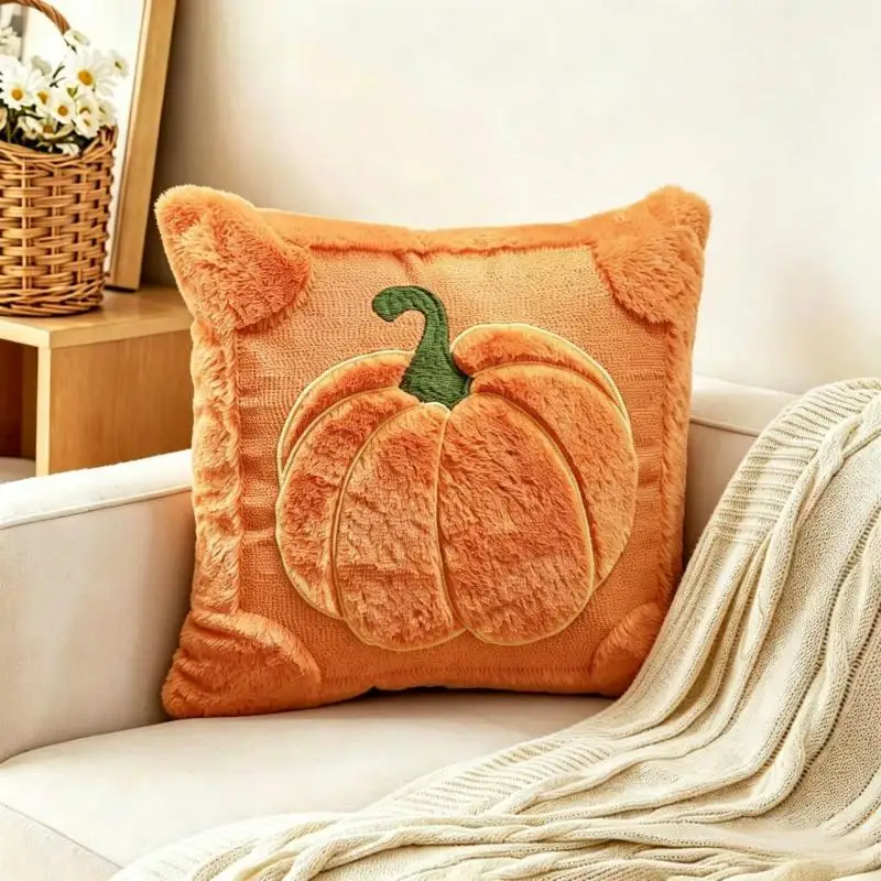 Thanksgiving-Kürbis-Herbst-Kissenbezug, Cojines, beige-orange, dekorativer Sofa-Plüsch-Kissenbezug, Kopfteil-Kissenbezüge – Detail 9