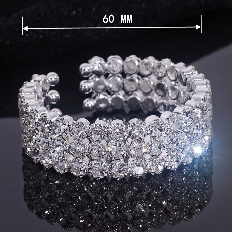 Luxury Bling Crystal Rhinestone Bracelets & Bangles for Women Silver Color Open Cuff Bracelet Elegant Bridal Wedding Jewelry