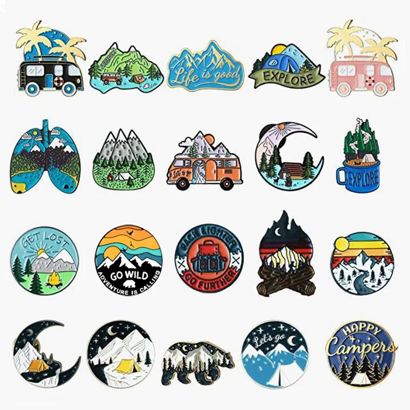 Outdoor Landscape Enamel Pins Mountain Peak River Sun Moon Sea Camping Campfire Sunrise Bus Bear Brooch Badge  Jewelry Gifts