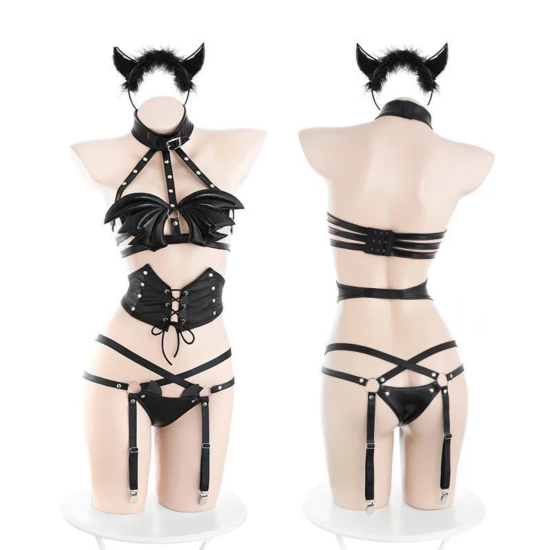 Cinghie per rivetti da donna reggiseno con ali del diavolo intimo notte scura in pelle Demon Unifrom pigiama abiti costumi Sexy Cosplay Halloween