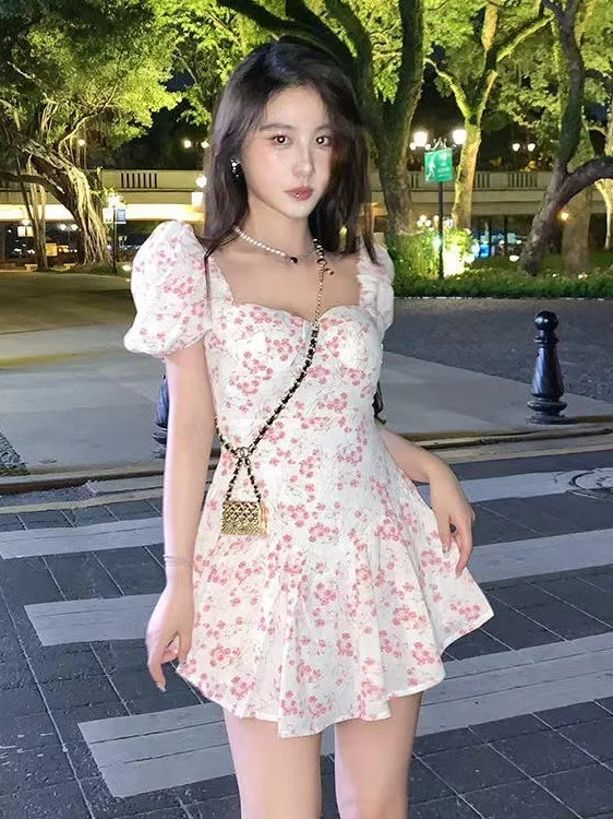 

Floral Short Sleeve Dress[Summer Angel]Bubble sleeve princess dress 2024 summer new off shoulder dress slim fit waist J6B6