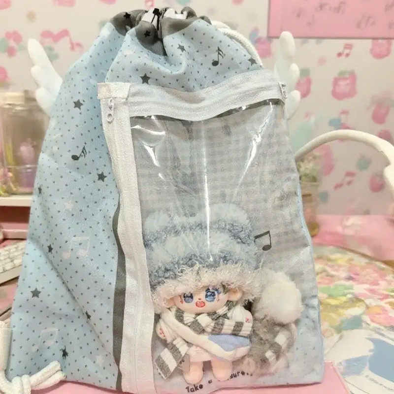 

Japan Harajuku Backpacks Drawstring Backpack Badge Star Print Large Capacity Student Transparent Pockets Y2k Drawstring Bag