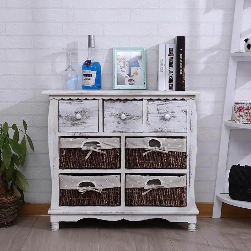 American rural retro white solid wood bedside table rattan storage pastoral small cabinet simple drawer locker