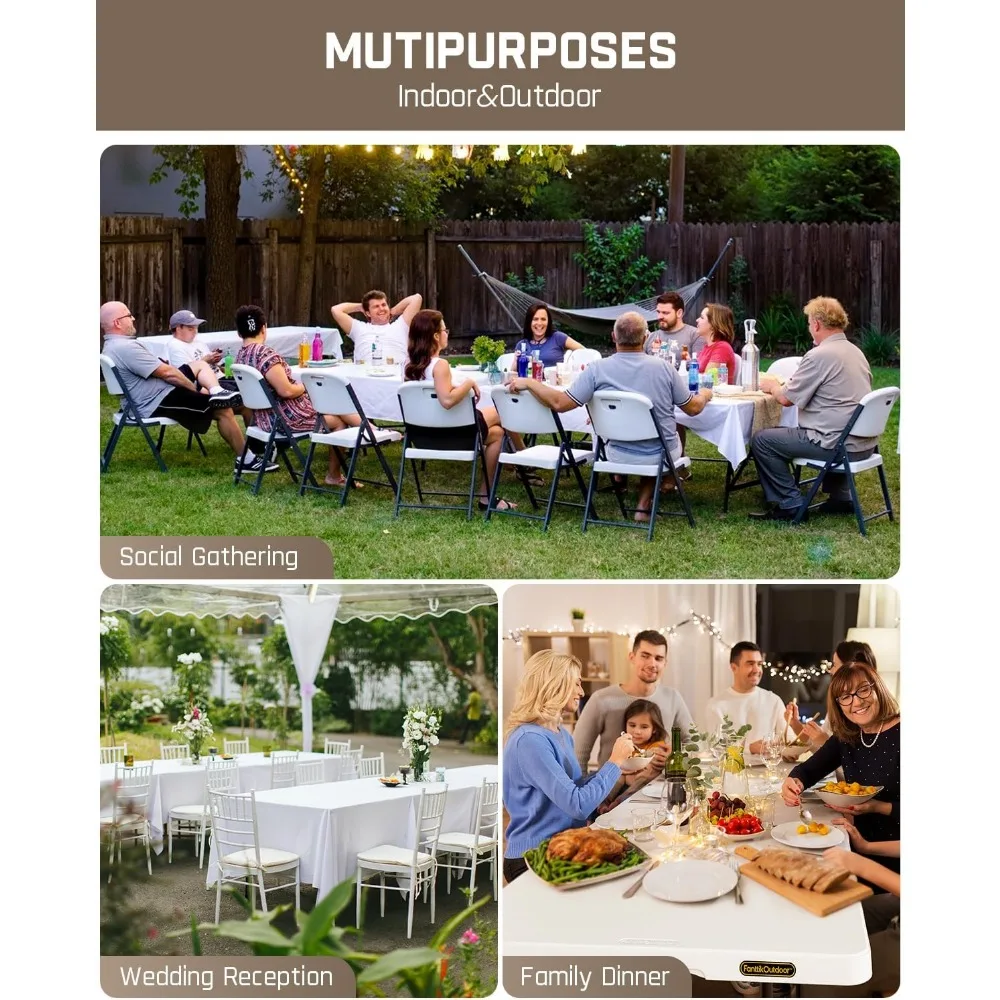 Heavy Duty 8ft Folding Table with Six Legs, 500 lbs Capacity, Plastic Fold-in-Half Table for Indoor Outdoor Use