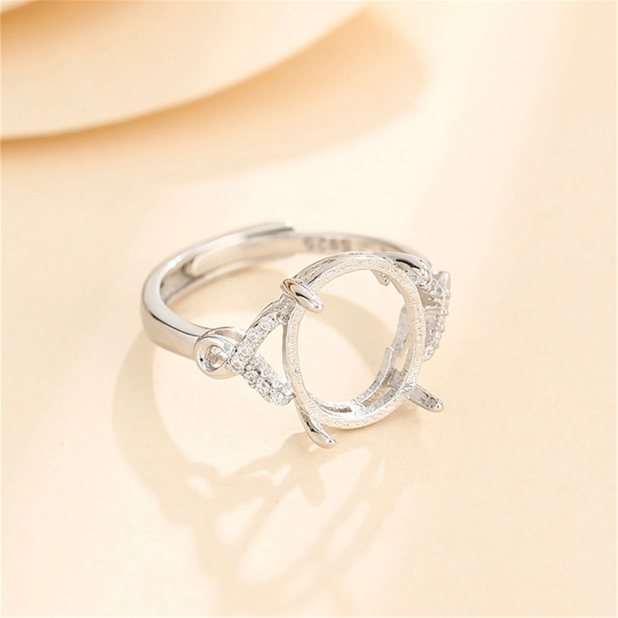 

Ring Setting for 10x12mm Oval Cabochons White Gold Plated 925 Silver Zircon Adjustable Band Ring Blank SR0510