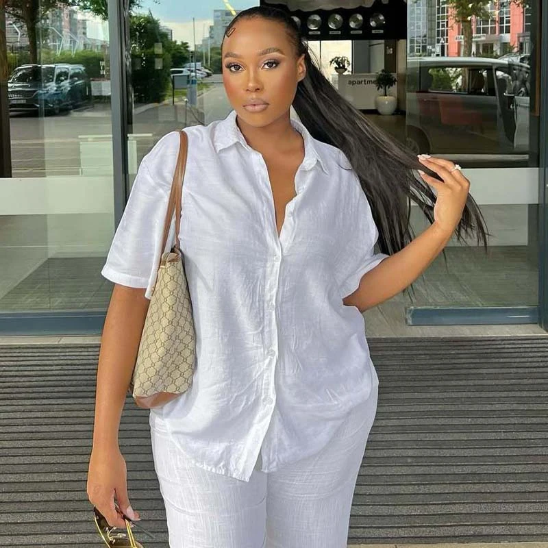 

New African Fashion Women Summer Two Piece Set White Color Short Sleeve Shirt And Pants Set