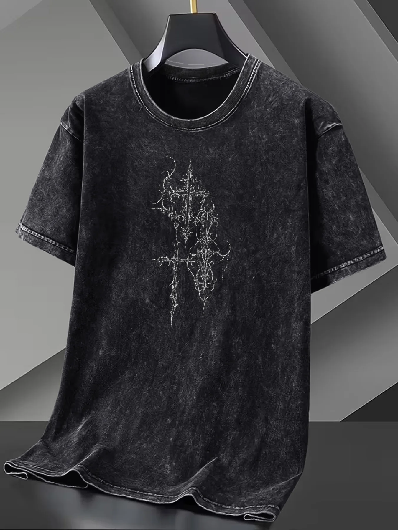 Danqi Yoyo Summer Adult Men'Pattern Print American Retro Dark Series Street Style Washed Short-sleeved Trendy T-shirt