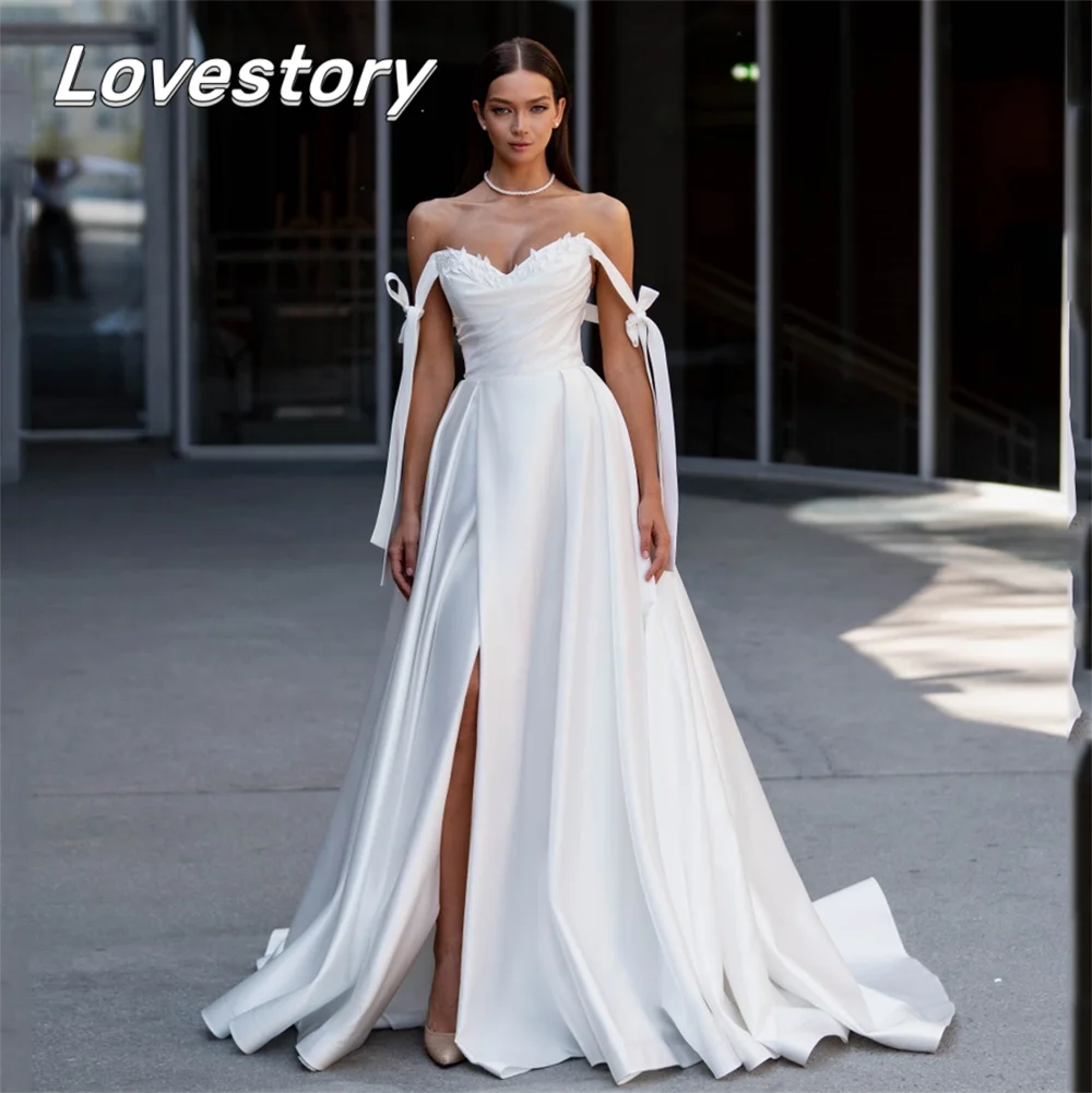 

A-Line Wedding Dresses Sleeveless Off Shoulder Bow Bride Robe Backless Split Front Satin Bridal Gown Sweetheart Vestido De Noiva