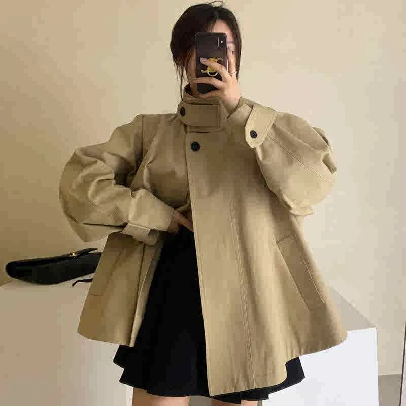 

Korean Chic Trench Coats Loose Jackets Women Vintage Stand Collar Button Windbreaker 2025 Autumn Casual Khaki Coats
