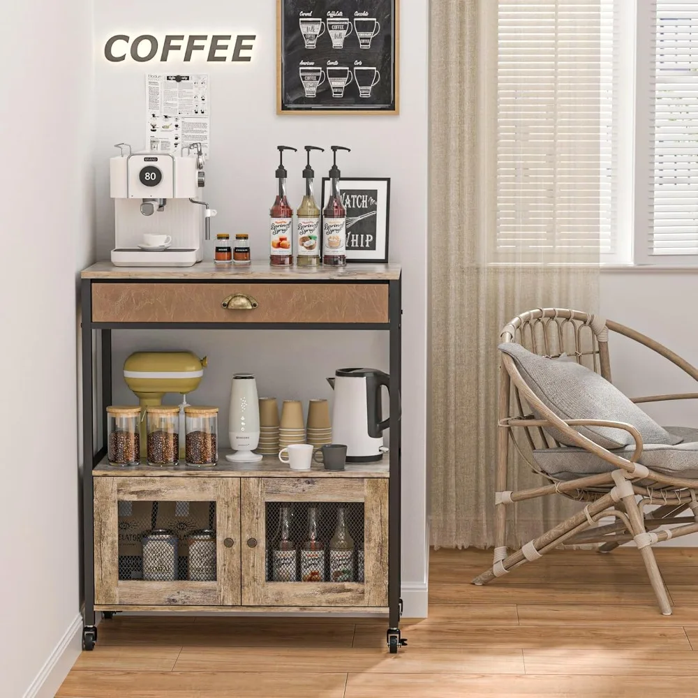 Large Bar Cabinet 3 Tiers Kitchen Cart with Drawer ,Movable Farmhouse Station Table on Wheels for Entryway, Dining Room