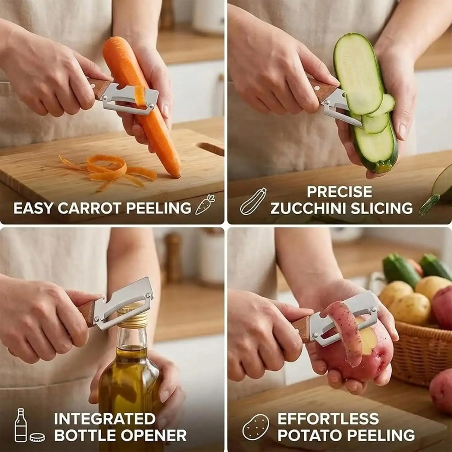Stainless Steel Vegetable Peeler Wooden Handle Multi-functional Fruit Paring Knife with Bottle Opener 2PCS Durable Potato Carrot Melon Scraping Gadget view 6
