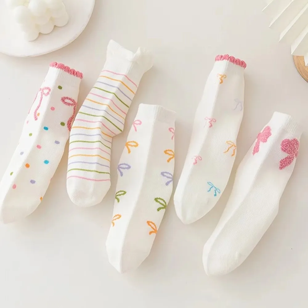 5 Pair Set New Ruffle Bowknot Socks Print Pattern Soft Elastic Mid Tube Socks Breathable Cotton Girls Ankle Socks Daily Wear