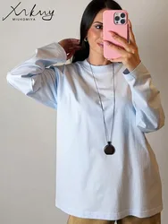 Long Sleeve Basic T Shirts Women Cotton Oversize Tshirt Spring Gray O Neck Tops Tees White Loose T Shirt For Women Oversized
