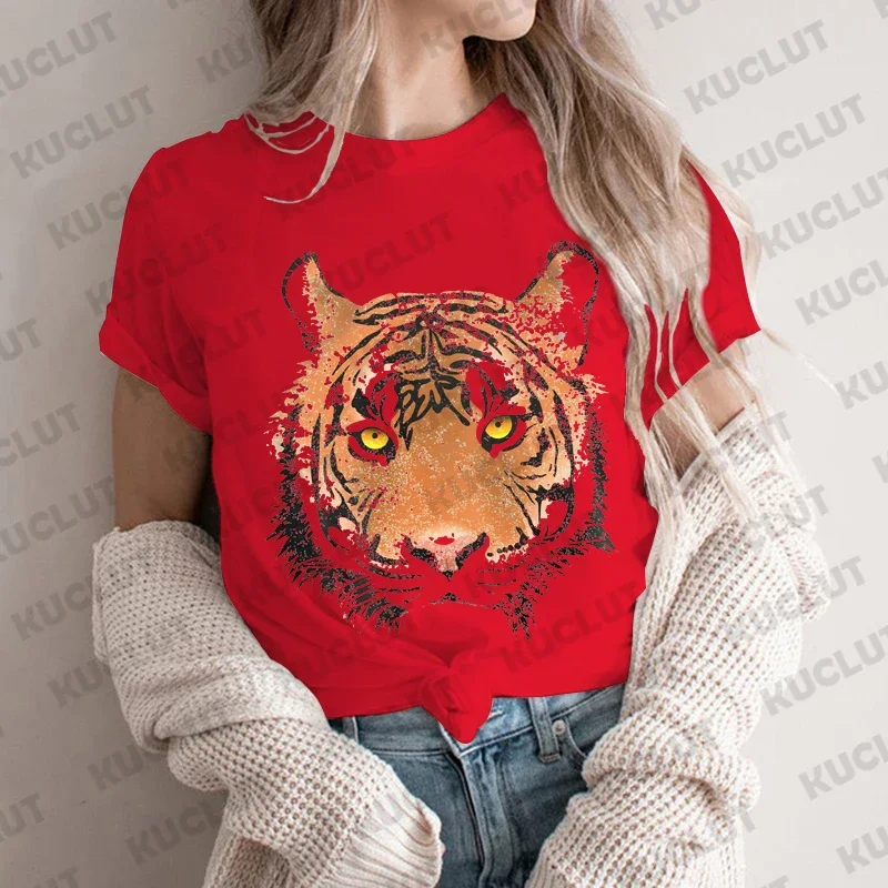 Short Sleeve Casual Ladies Fashion Female T-shirt Tropical Jungle Vintage Graphic Tee Women Grunge Tiger Print Summer T Clothing