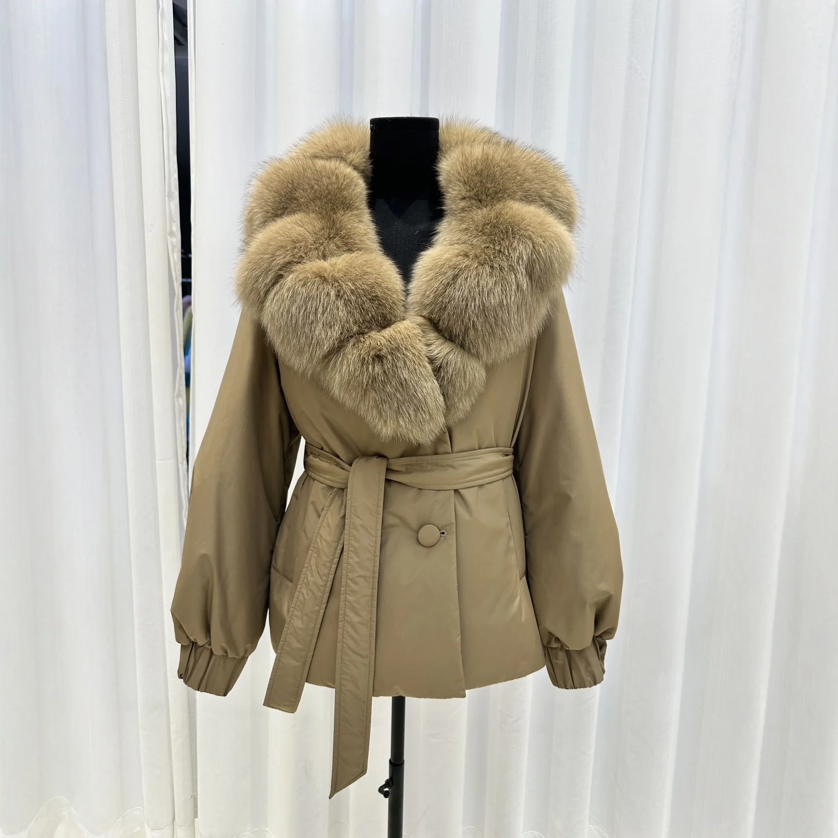 Damska kurtka puchowa z kołnierzem z futra lisa, biały puch kaczy, ocieplana, z paskiem w talii, średniej długości parka śnieżna, kurtka streetwearowa.