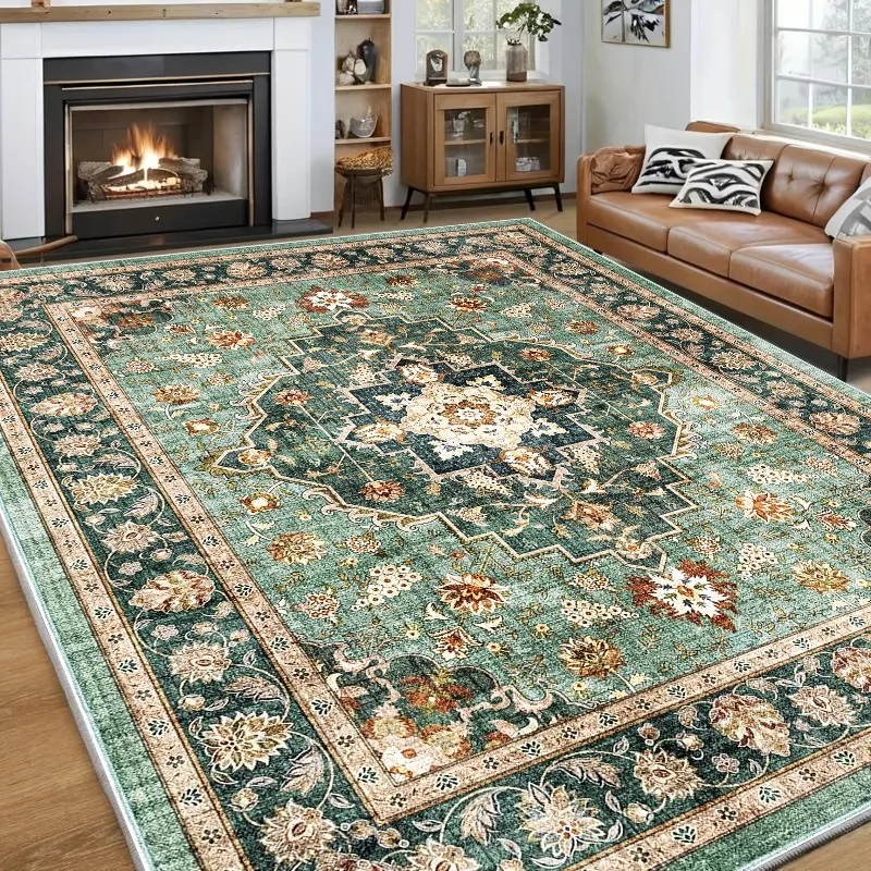 Deep Green Vintage Floral Flannel Rug Non Slip Washable Indoor Area Carpet Retro Floor Mat for Living Room Bedroom Home Decor