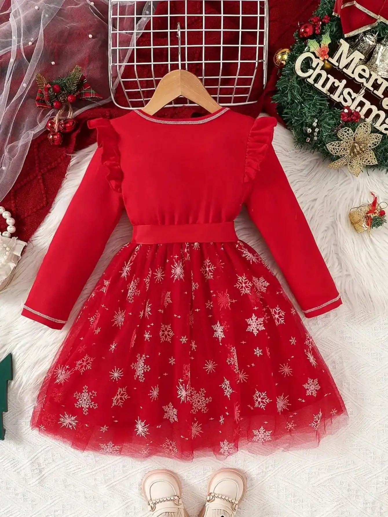 Girl's fashionable and cute holiday long sleeved ruffled patchwork Christmas happy printed lace up mesh dress