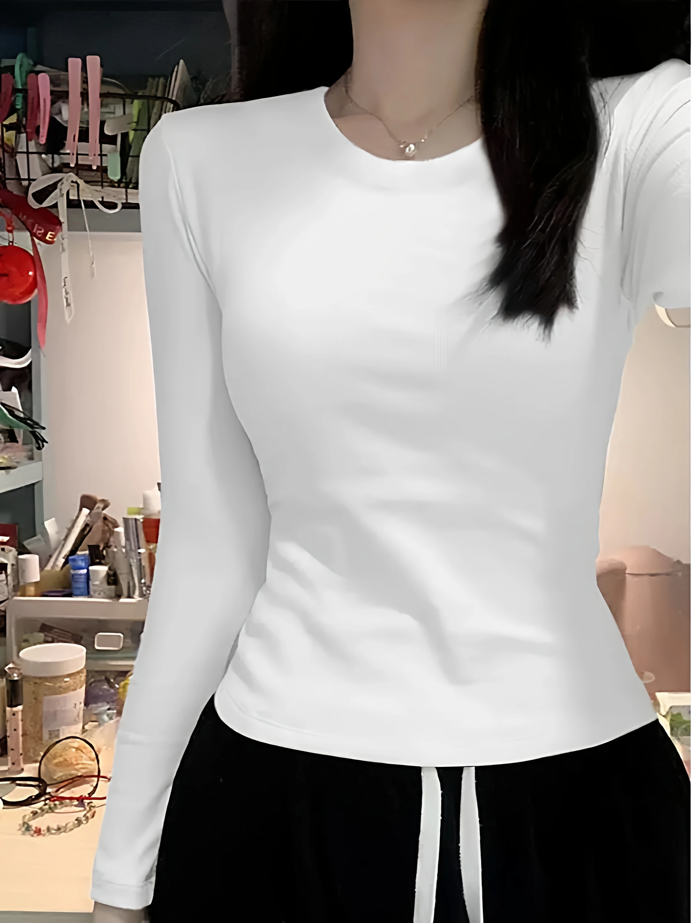 Women's Long Sleeve round Neck T-Shirt 95 Cotton Base Shirt plus Size Slim Fit  Color Shoulder Appropriate Inner Wear