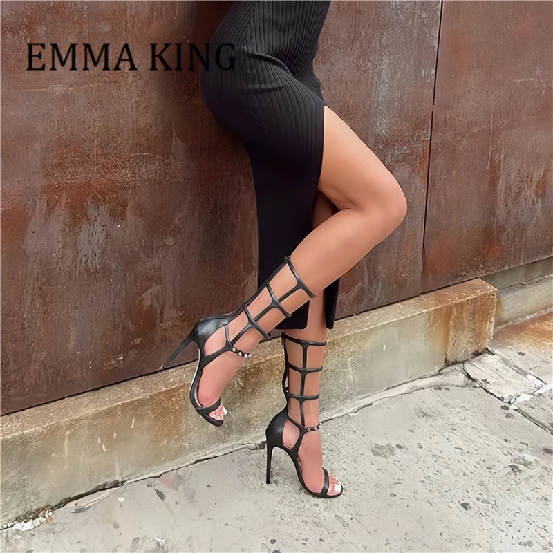 

Summer Women Studded Strappy Gladiator Sandals Sexy Peep Toe Caged High Heeled Pumps Female High Shaft Back-zipped Design Shoes