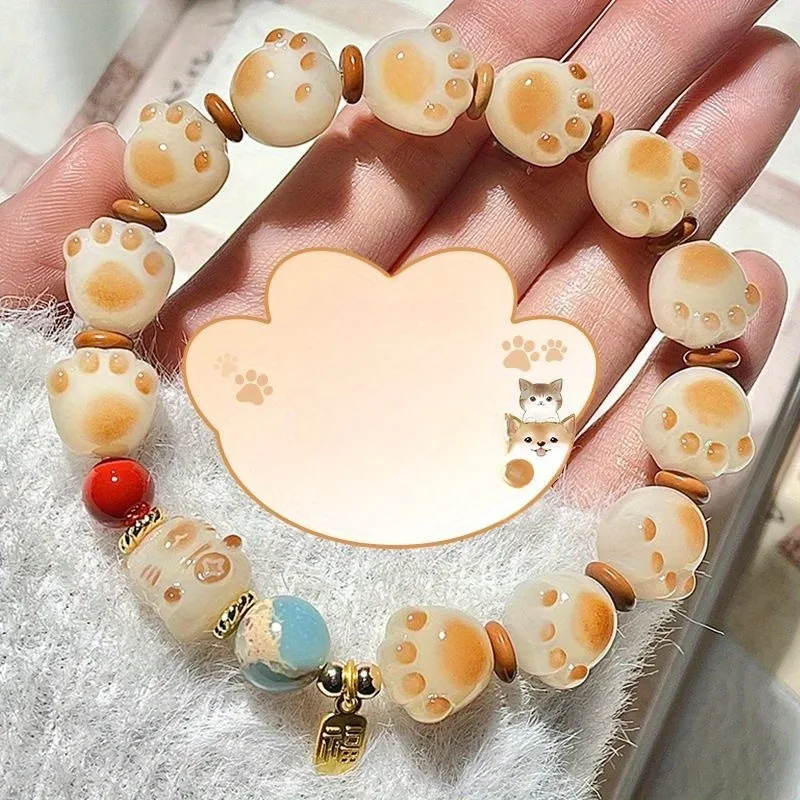 Cute Sweet Caramel Cat Claws Attract Wealth Cat Bead Bracelet Is a Good Gift Symbolizing Niche Fashion and Versatile Accessories