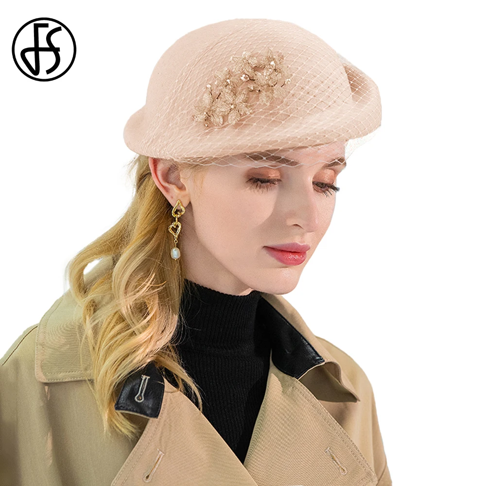 

FS Camel Beret Black 100% Wool Felt Hats For Women With Veil Flower Millinery Autumn Winter Lady Elegant Church Party Cap Female