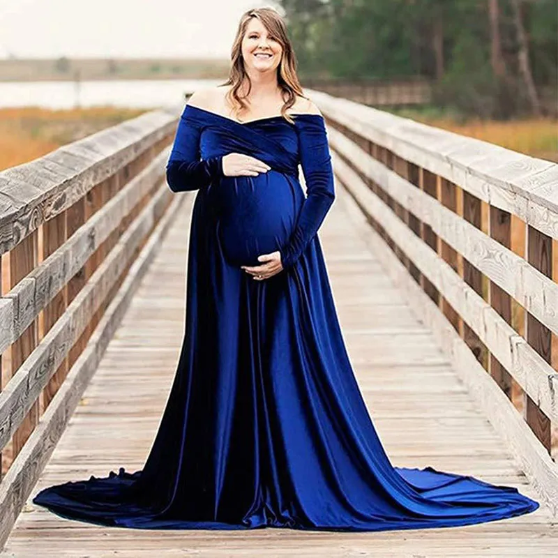 

Velvet Maternity Dress Women Winter Long Sleeve Shoulderless Pregnant Ladies Robe Premama Photo Shoot Maxi Party Evening Dresses