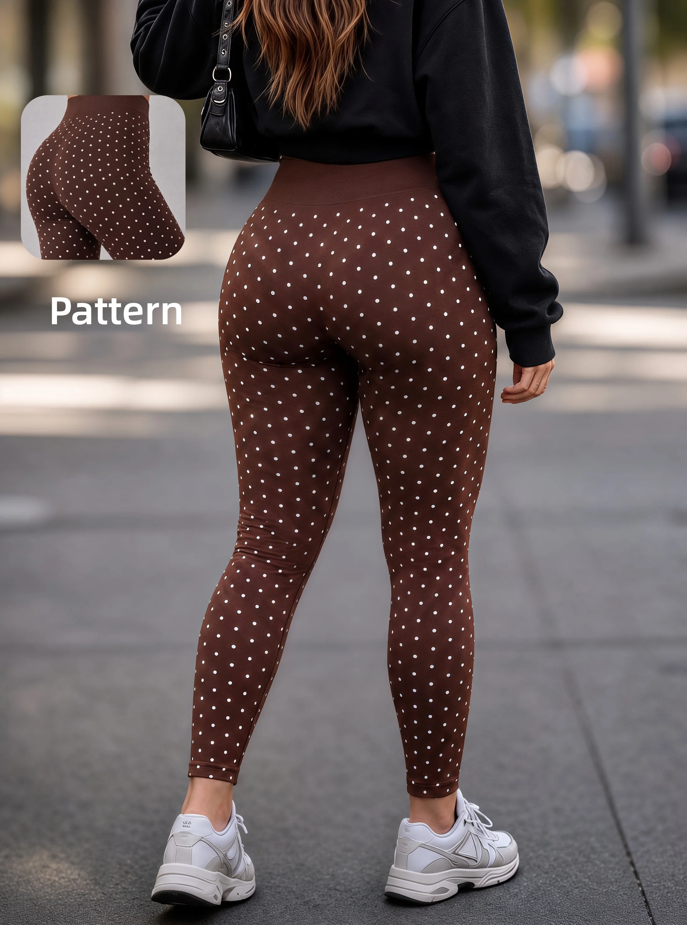 Damen-Leggings mit hoher Taille, Kaffeefarben, mit Polka-Dot-Muster, hochelastisch, aus weichem Strick, schmal geschnitten, angesagte Hose für den Alltag, zum Ausgehen oder für den Weg zur Arbeit. – Detail 5