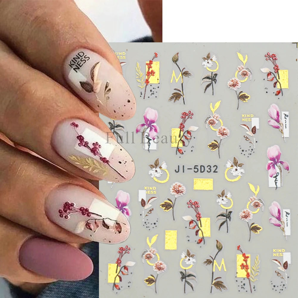 5D Embossed Nail Art Stickers Pink Lily Daisy Flower Nail Decals Cherry Blossom Decor Golden Geometric Lines Sliders GLJI-5D32