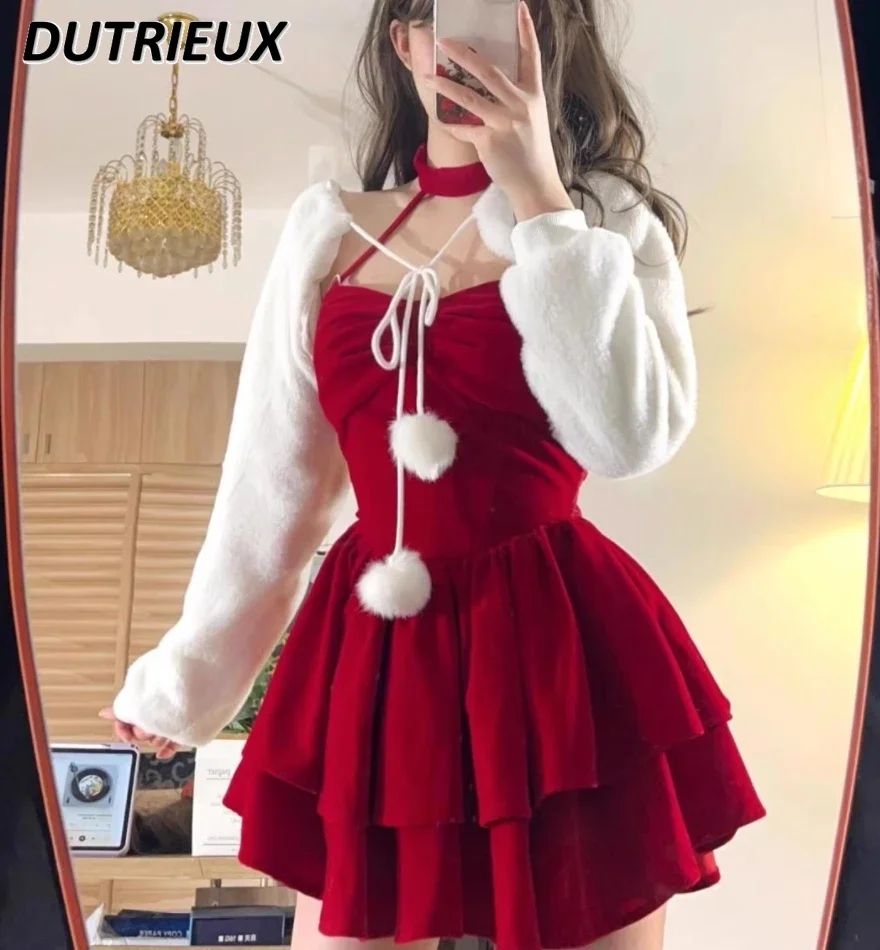 Autumn and Winter Christmas Elegant Outfits Halter Neck Dresses Sweet Cute White Coat and Dress Two-piece Set for Women