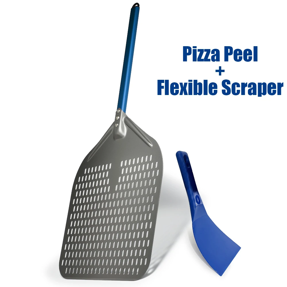 

Лопатка для пиццы Pizzathome 14/13/12 дюймов с синей ручкой и гибким набором скребков, твердые анодированные лопаточки для пиццы, аксессуары для духовки
