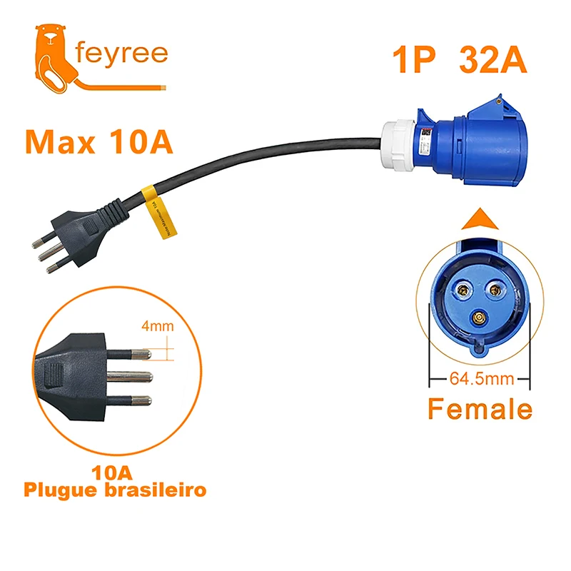 Feyree-CEE Carregador de Soquete Feminino, 3 Pinos, Adaptador para o Brasil, 20A, Ficha 10A, Wallmount, 32A, 1Phase, 7KW Carregador Portátil