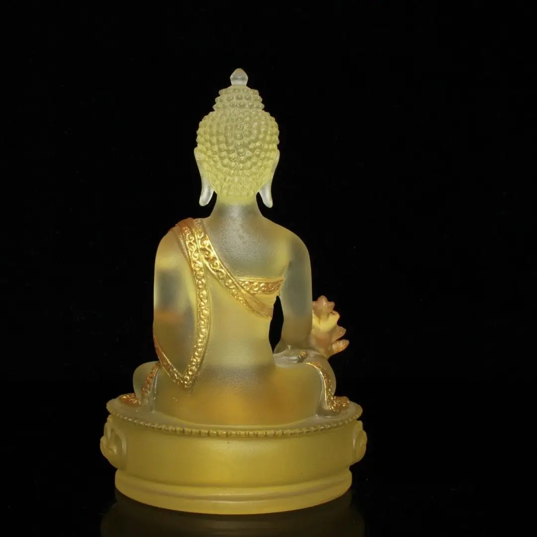 Vintage Early Collection CRYSTAL Gilt Colored Glaze Liuli Lotus Base Sakyamuni Buddha Sculpture Decorative Collectible Statue view 6