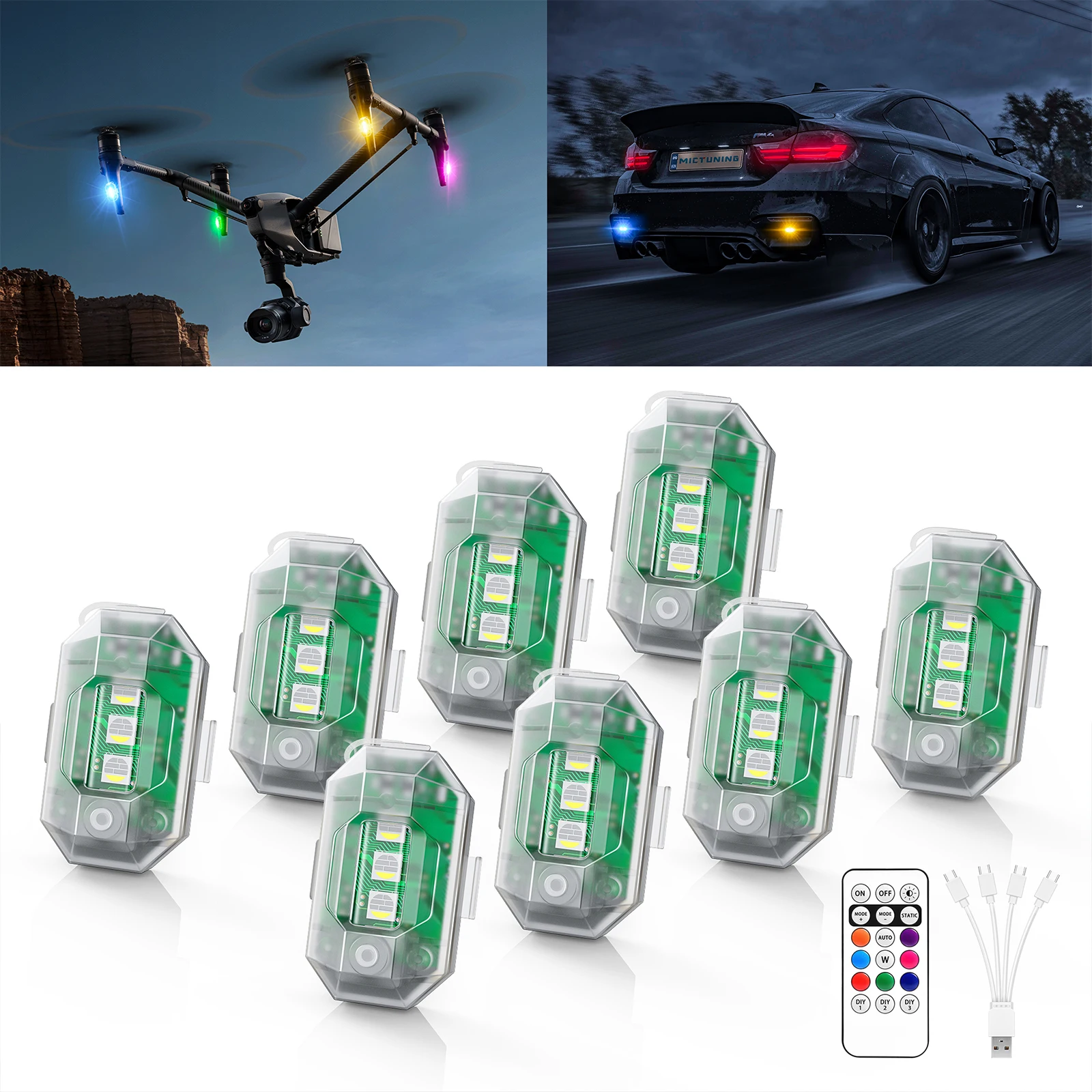 

MICTUNING Wireless Motorcycle Warning Light,8 Colors USB Charing Mini Drone Strobe Light Universal Waterproof Anti-Collision