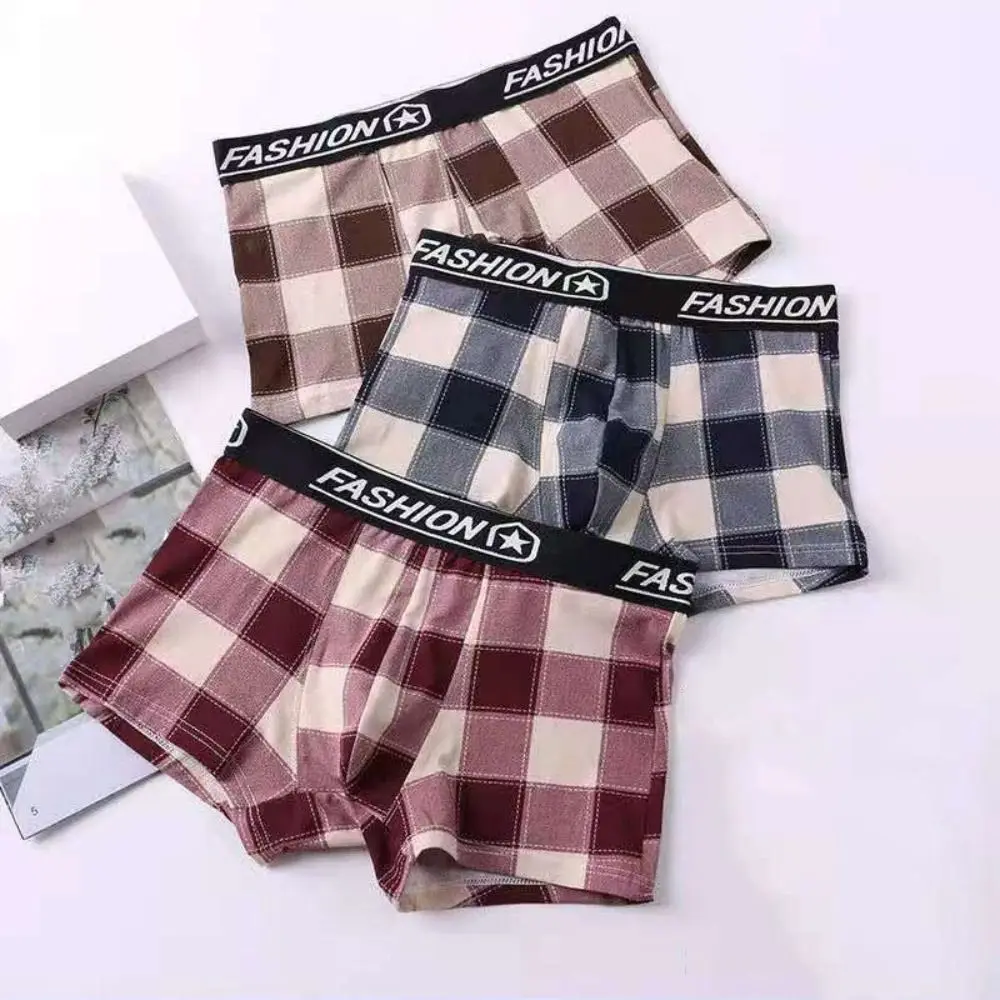 

5PCS Breathable Striped Grid Men Underwear Letter Plaid Boxer Shorts Elastic Male Lingerie Seamless Panties Male
