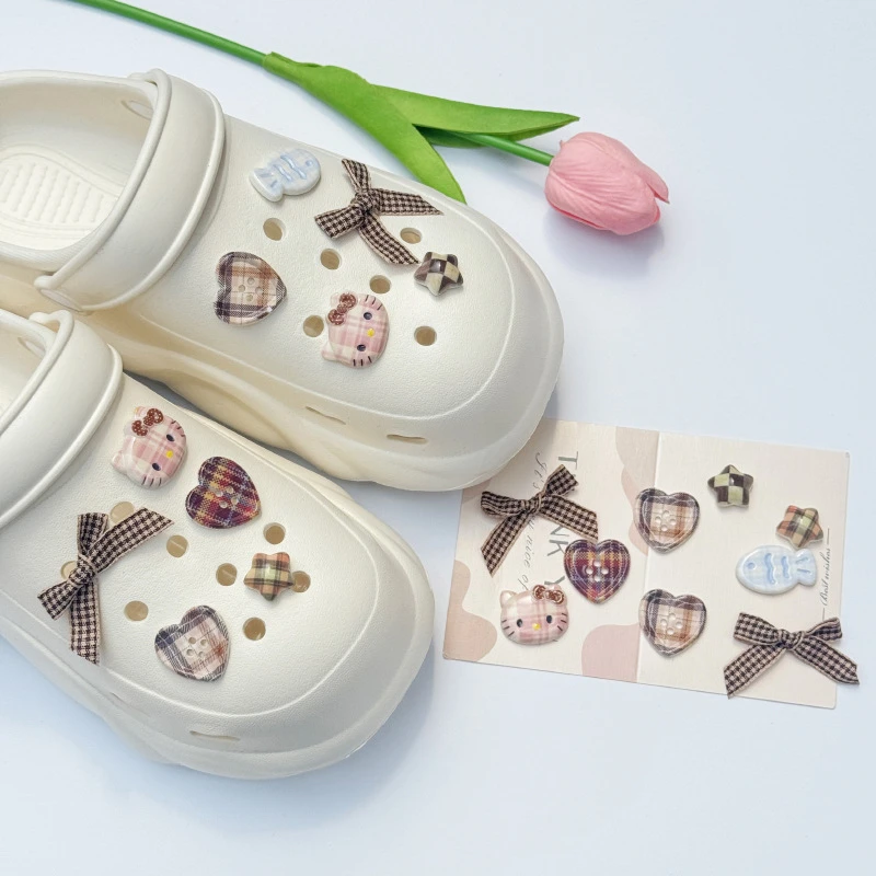 New Hello Kitty Shoe Accessories Grid, bow tie Accessories kawaii Anime Decoration Cartoon DIY Xmas Party Gifts Favors