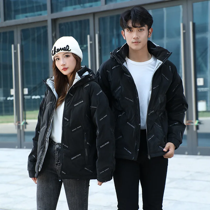 Winter Hooded Down Jacket Parka Men\'s Fashion Warm Cotton Padded Jacket Men and Women Couples Letter Print Versatile Cotton Coat