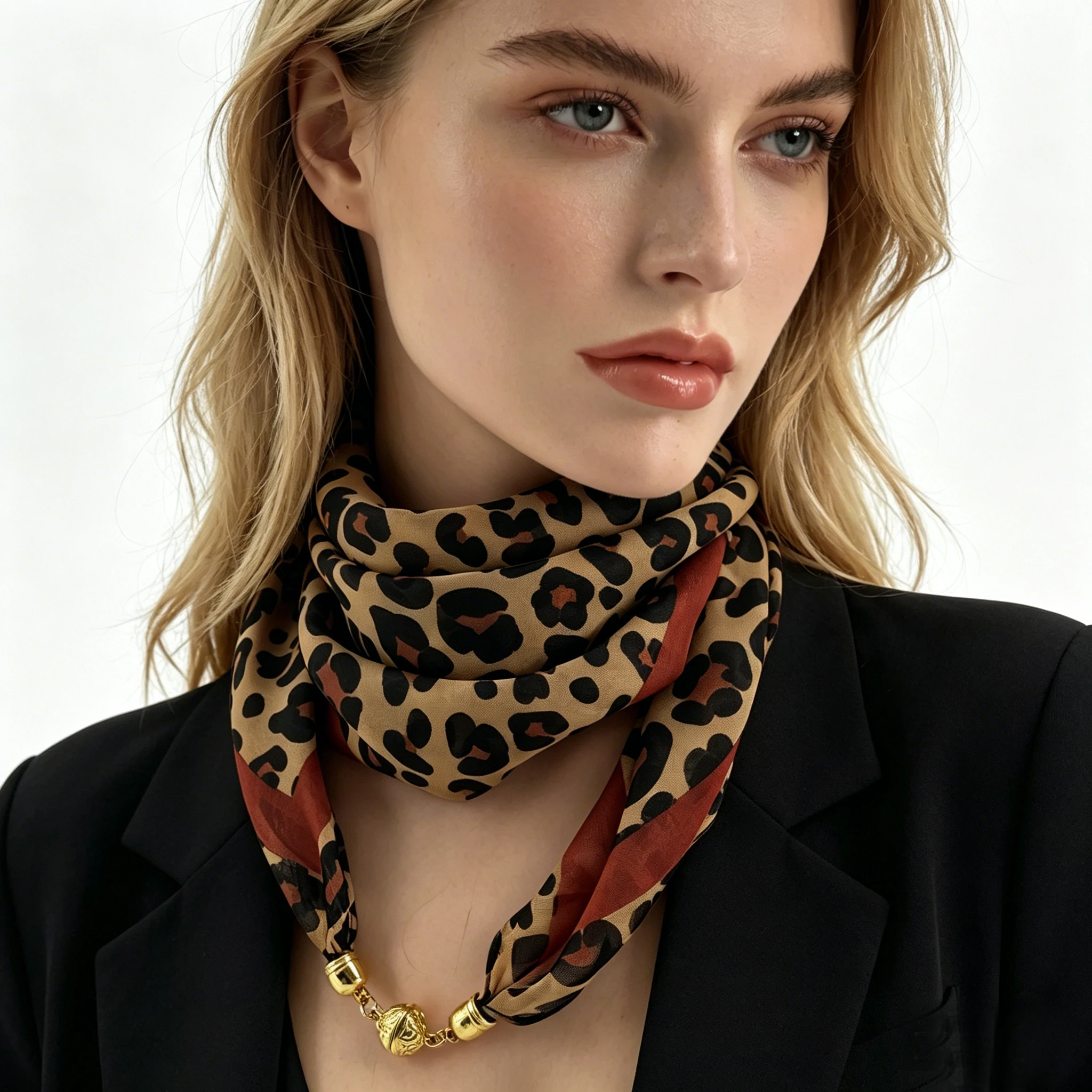 Leopard Print Magnetic Buckle Scarf, 60cm Square Thin Chiffon Neck Scarf, Quick & Easy Wear Fastening Neck Wrap,Decorative Scarf image 4