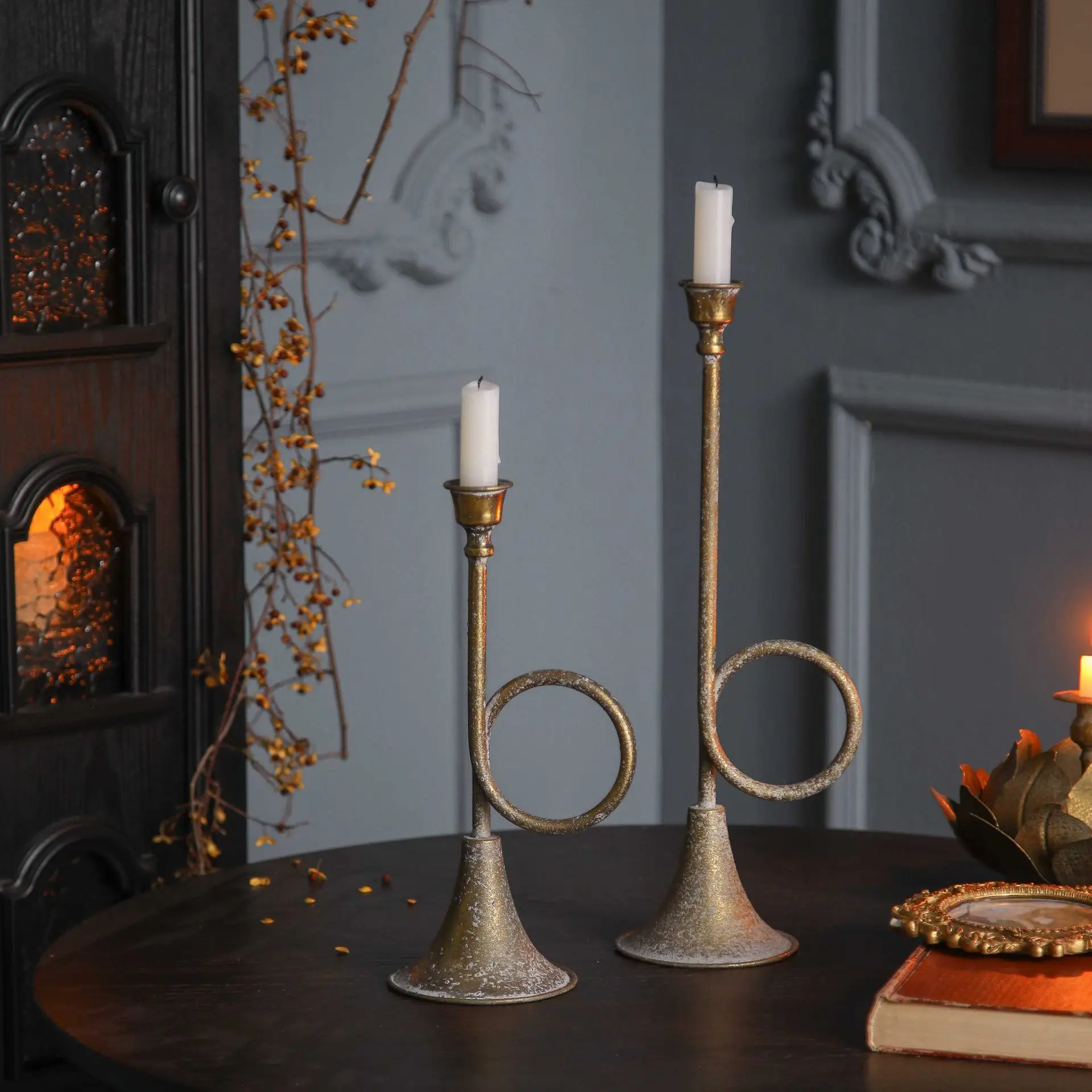 Modern Geometric Iron Taper Candle Holder, Antique Gold Sculptural Candlestick Stand, Minimalist Table Centerpiece