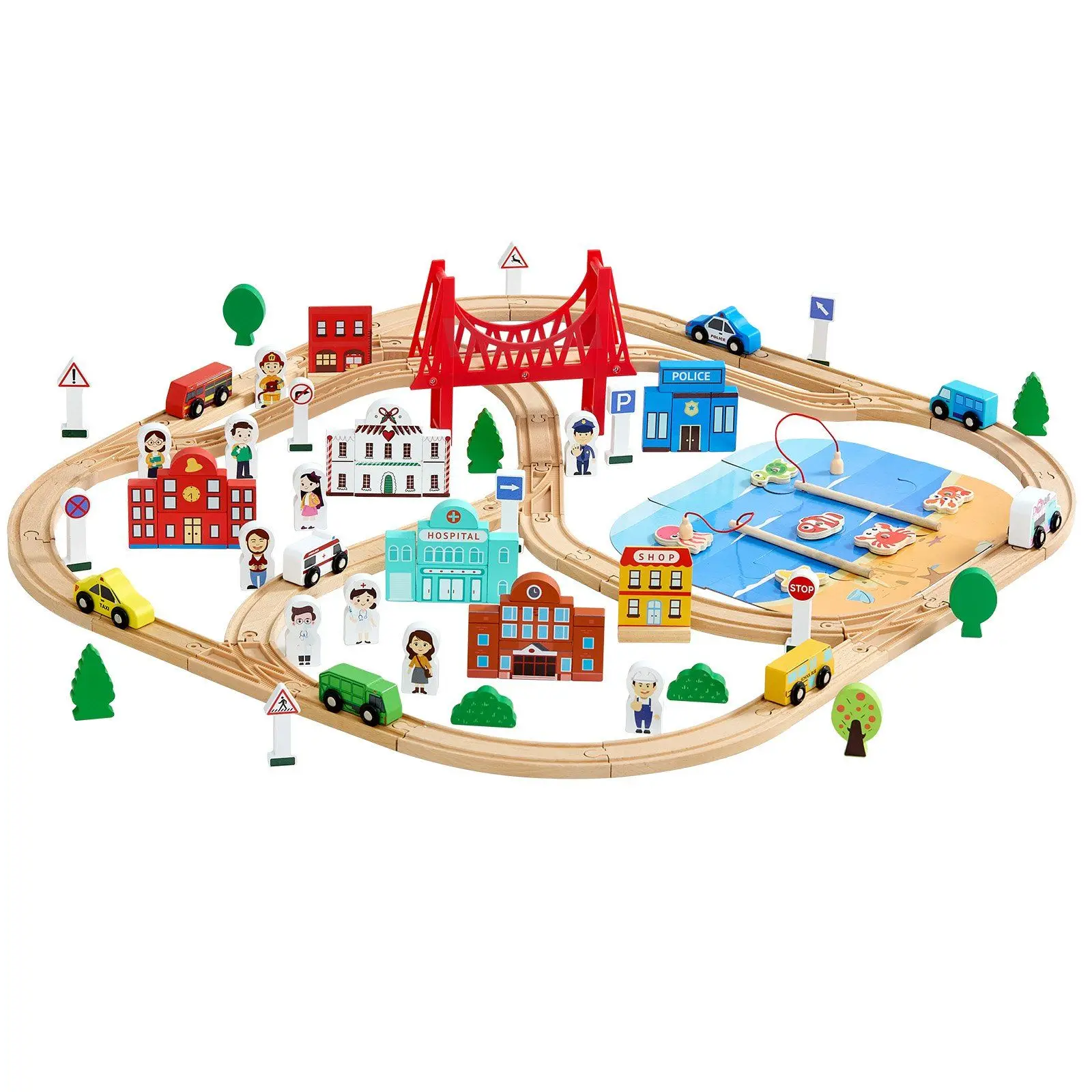 

113PCS Wooden Train Set, for Kids Ages 3-8, Wood Train Track Toy with Storage Box, City Scene Railway Playset, Compatible with
