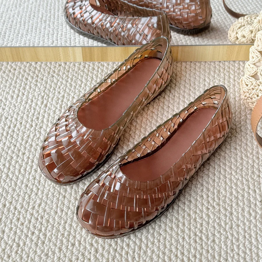 Roman Sandal Women's Retro Hollow Woven Jelly Flats Breathable PVC Closed Toe Slip On Shoes Summer Casual Non-slip Beach Sandals
